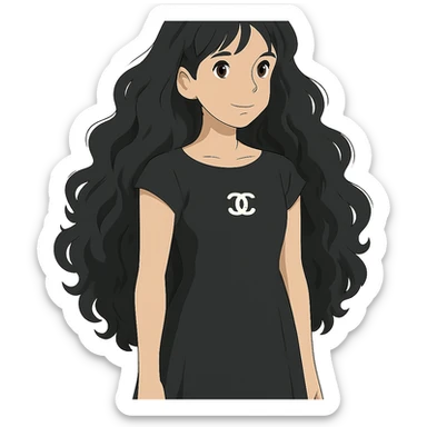 light skin girl with black very long curly hair, brown eyes, wearing a black Chanel dress, in ghibli style sticker