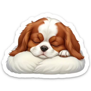 Cinematic Chubby Sleeping Cavalier King Charles Spaniel Portrait Emoji, Chubby and serene, with a round, endearing build and a plush, silky coat of rich chestnut and white, eyes gently closed in peaceful slumber, Simplified yet irresistibly endearing features, highly detailed, glowing with a gentle, dreamy glow, high shine, relaxed and content, stylized with a touch of whimsy, bright and heartwarming, soft glowing outline, capturing the essence of a blissfully sleepy companion, so comically serene it feels like it could roll out of the screen and snore with adorable charm! sticker