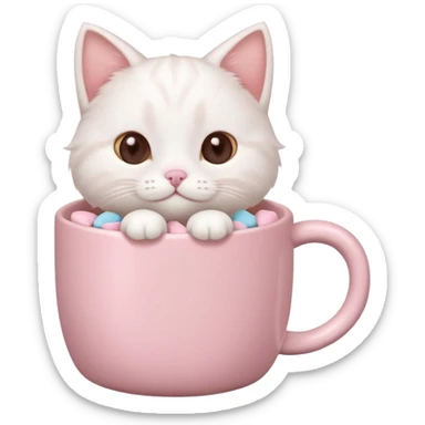 cute white cat relaxing in a pastel pink mug of cocoa with marshmallows, soft lighting, rounded shapes sticker