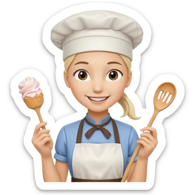 Young female pastry chef - ponytail, apron, wearing a white hat, holding a cream piping bag sticker