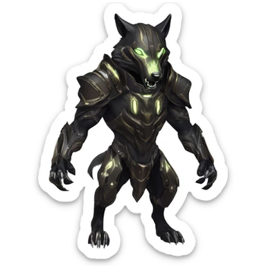 Warframe-inspired wolf Warframe with sleek biomechanical armor, a snarling wolf-like helmet, glowing eyes, and clawed gauntlets. Dark metallic colors with glowing energy lines, blending feral agility and deadly stealth. sticker