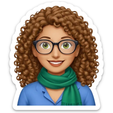 40 yr old Iranian woman, light brown very curly thick hair, shoulder length hair, green eyes, tan skin, big smile, big glasses, blue dress shirt with white scarf on neck sticker
