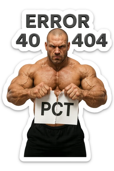 bodybuilder che strappa un foglio con la scritta "PCT" INTORNO A LUI FLUTTUANO LE PAROLE "ERROR 404", IPERREALISTICO 4K sticker