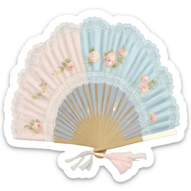 Rococo hand fan pale pink and pale blue and beige with lace sticker