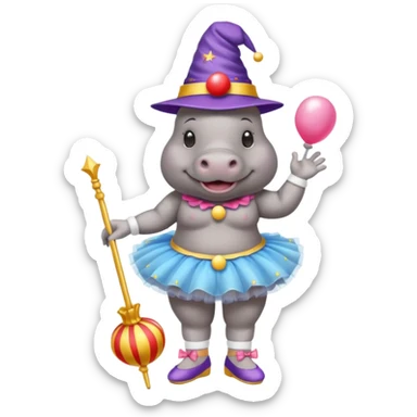 Hippo with a clown nose, a wizard hat, a ballerina tutu, a bikini, sandels and white socks  sticker