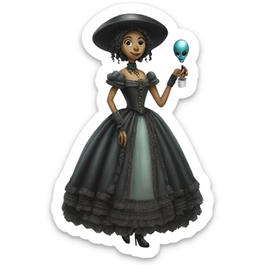 alien galora in Victorian dress elegant, full body, holding usb key sticker