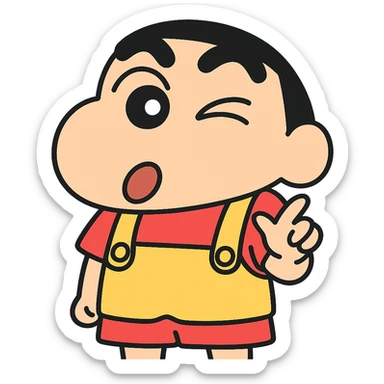 Shinchan cartoon style emoji sticker, winking expression, iconic black hair, red shorts, yellow overalls, simple solid or gradient background, 500x500px, transparent PNG, optional brief text description sticker