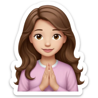 girl with wavy long brown hair, brown eyes, light to medium complexion, long lashes, light pink lipstick, praying, smiling, wearing light pink shirt sticker