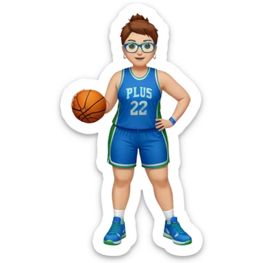 Full Body plus size white female basketball player with short medium brown hair with carmel highlights spikey hair wearing blue glasses 
 wide nose wearing blue green uniform  green sneakers smiling wearing silver hoop earrings sticker