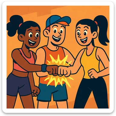 Three fit characters, cheerful, fist bumping, glowing energy, urban cartoon style, bright and vibrant colors, active fitness theme. sticker