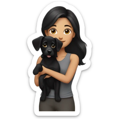 woman with dark hair and holding a all black puppy sticker