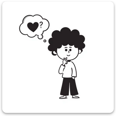 boy with hand on chin, thought bubble with a heart and question mark, simple lines sticker