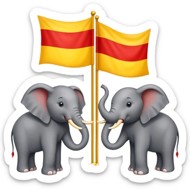A flag with three even parts first part in red colour and second part in yellow colour and third part with red colour and two elephants in the centre part of the flag and a round shaped figure sticker