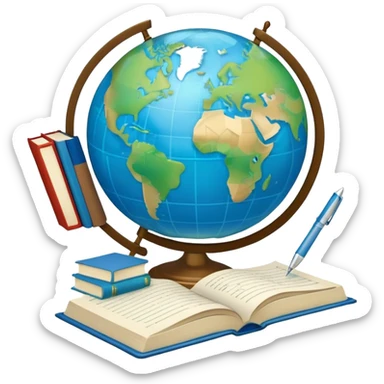 Create an emoji representing language translation. The design should feature a single globe in the background, symbolizing international communication. In front of the globe, place two books, with texts in it and a pen nearby to indicate the act of writing. Use a clean and professional color palette with blues, greens, and neutral tones. Do not include any emojis or smiley faces. Make the background transparent sticker