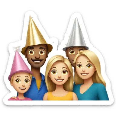 european family of 4 people (mom dad and 2 kids) celebrate new year in birthday hats sticker