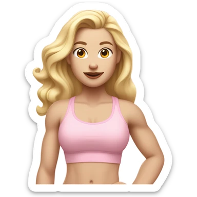 Woman, white skin, pale skin, long hair, blonde hair, wavy hair, baby pink sports bra, baby pink leggings, flexing one arm up sticker