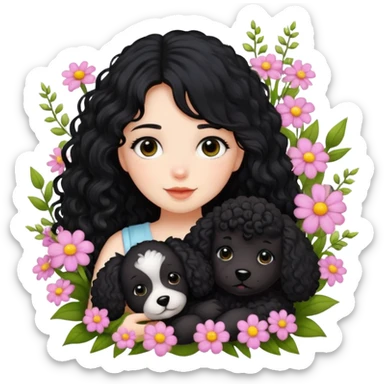 A girl with long black hair is holding a black curly-haired teddy dog ​​in the flowers sticker