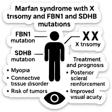 Create a scientific poster summary graphic based on a case report of Marfan syndrome with X trisomy and FBN1 and SDHB mutations. The central figure should represent a patient with clear callouts for key genetic findings: FBN1 mutation, SDHB mutation, and X trisomy. Include main clinical features such as myopia, connective tissue disorder, and risk of tumors. Also show treatment and prognosis details including posterior scleral reinforcement and improved visual acuity. Use a clean, professional style with a solid white background and bold black text for all labels. The design should be suitable for medical professionals and students. Reference the provided case report image for context. sticker