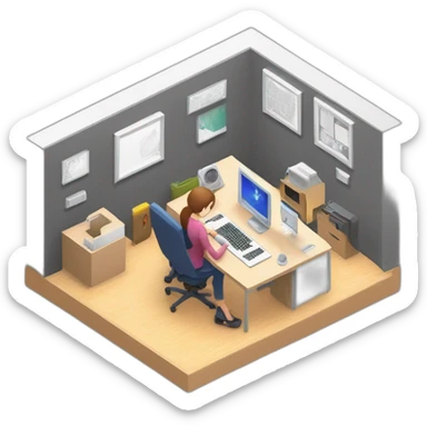 128x128 isometric square solid outline border containing indoor creative start-up office people active working computer simple clean developer-space #edc31b  sticker