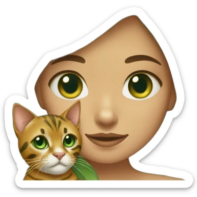 Green-eyed girl holding a green-eyed Bengal cat sticker
