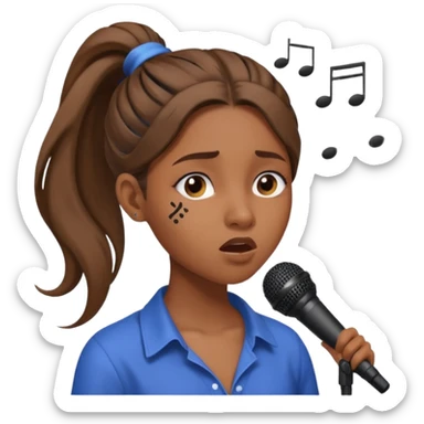 Brown skin girl with a long ponytail singing into a microphone looking sad with music notes coming out sticker