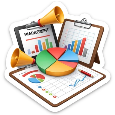 An icon featuring a pie chart, a megaphone, and a clipboard with strategy plans, symbolizing management and marketing. The design includes upward-trending graphs set against a modern office backdrop. Transparent background emphasizes business strategy and communication. sticker