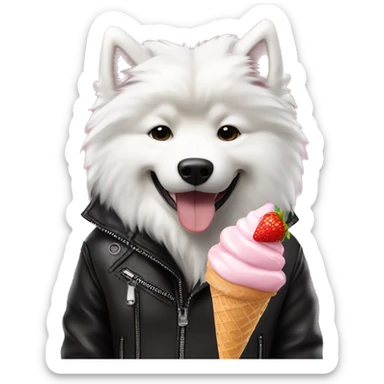 Samoyed dog eating vanila strawberry ice cream wearing black leather jacket  sticker