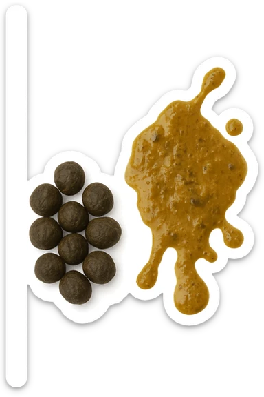 feci di animale a palline viste dall'alto e feci di animale liquide e gialline viste dall'alto, iperrealistico 4k sticker