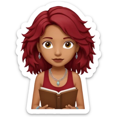a pretty tan indian bratz girl with messy dark wavyred hair, wearing a dark red tank top, layered silver necklaces. Carrying multiple sketchbooks sticker
