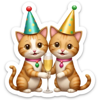 2 happy cats drinking champagne wearing party hats sticker