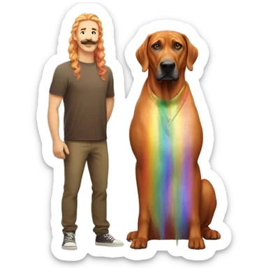 white male with long rainbow colored hair and curled mustache standing alongside a brown rhodesian ridgeback dog sticker