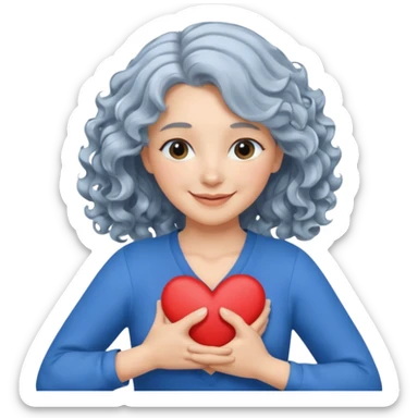 Silverhair, wavy/curly hair chin-length lady giving hug with 2 arms, blue v-neck and smiling, add a heart sticker