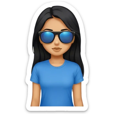 A girl with black long hair, wearing sunglasses and a blue t-shirt. sticker