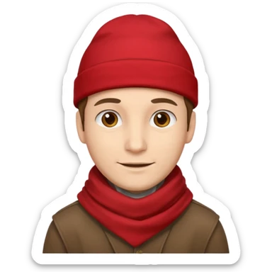 a man with red scarf, brown cap sticker