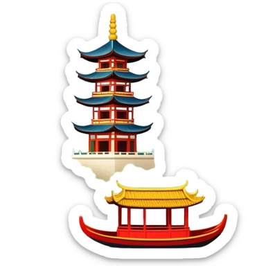 Hangzhou West Lake with traditional boat and bridge, simplified emoji style with bold outlines and bright colors, cartoon style pagoda by lake sticker