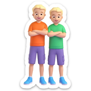 Two cartoon-style 2 boys with similar features, arms around each other's shoulders, smiling, matching outfits, standing close, white background, emoji style sticker