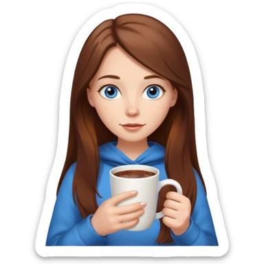 white girl with brown long hair, blue eyes and a hot chocolate sticker