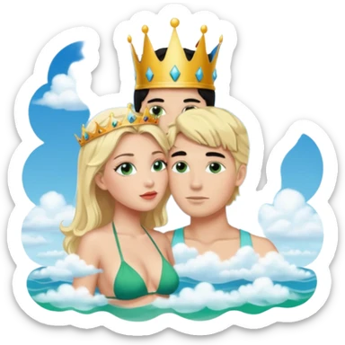 Blonde Queen with crownGreen eyes in Bikini kissing Male subject without crown black hair blue eyes Background clouds sticker