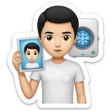 generate a pretty bratz emoji of a boy with black hair wearing a white tshirt and holding a cT sticker