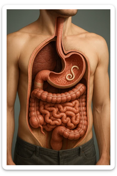a 3D cutaway view of the human digestive tract, showing an Anisakis larva attached to the stomach or intestinal wall. in a man sticker