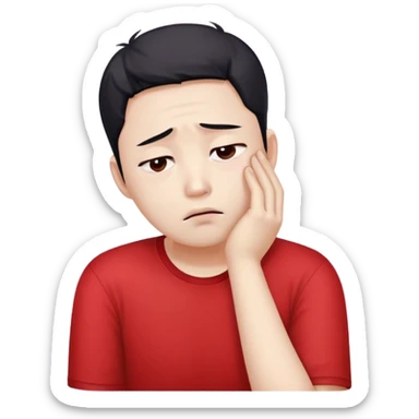 A worried white skin Korean man in a red shirt, resting his head on one hand sticker