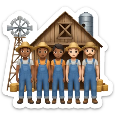 Group of farmers standing together near a barn sticker
