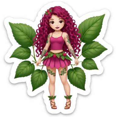 full body woman long curly brown hair brown eyes white skin tattoos muscular build raspberry fairy outfit, petal skirt, thigh vines sticker