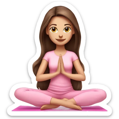 Brunette long hair and blue blue eyes yoga beautiful girl in light pink pink pink clothes sitting on a yoga mat sticker