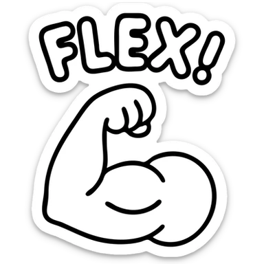 cartoon flexing bicep with ‘FLEX!’ above it in chunky, playful letters, strong black outline, simple color palette, designed for chat emoji use sticker