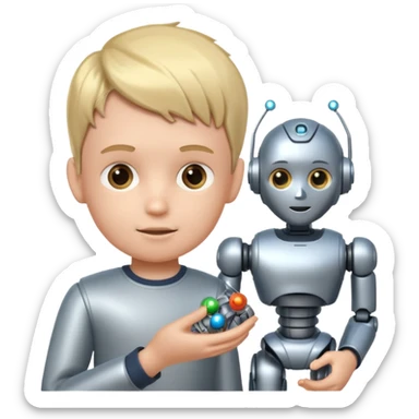 the kid play with him robot toy sticker