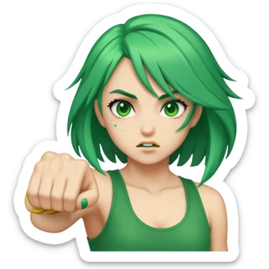 A girl with green hair punching sticker