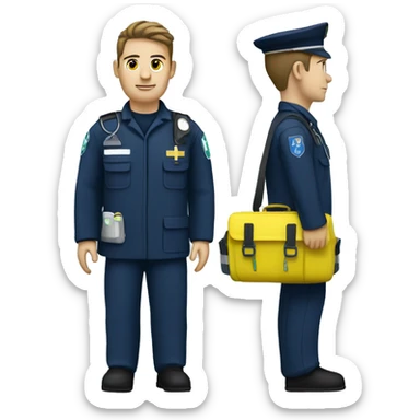 paramedic with a medic bag. White skin, navy uniform, with greenish/yellow medical bag sticker