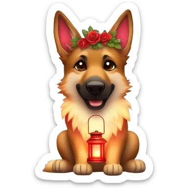 Brindled German shepherd fox carrying glowing red lantern, fairy lights, rose flower crown sticker