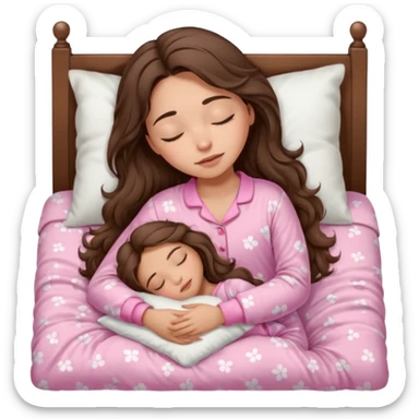 Brunette girl with long wavy brown hair with brown eyes and sleeping on a withe bed with cute pink pjs (just one girl) and with closed eyes sticker